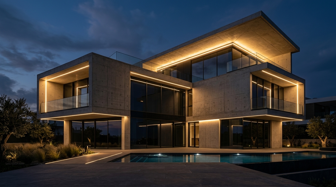 Illuminated contemporary architectural facade with dramatic light and shadow at dusk