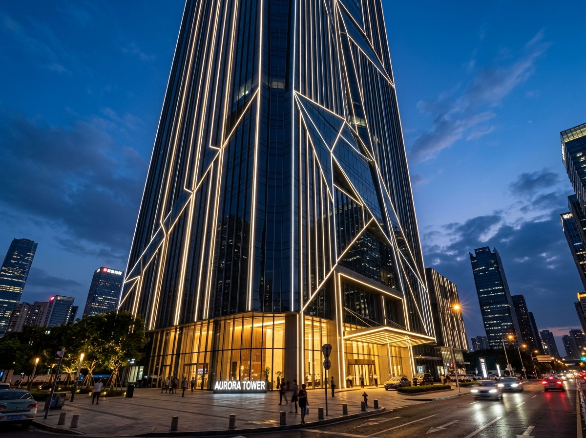 Commercial high-rise exterior illuminated with modern architectural LED profiles